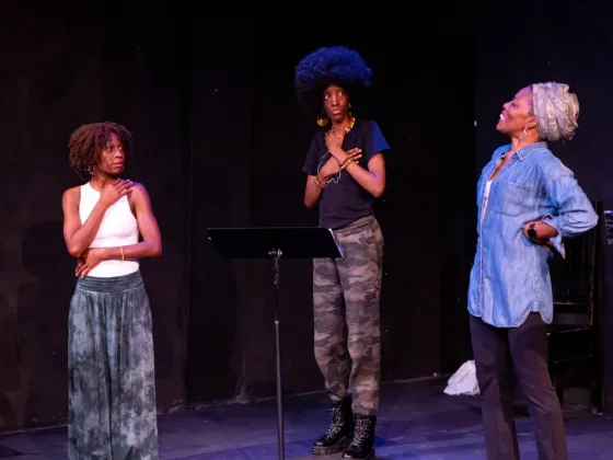The cast of Black Feminist Guide to the Human Body, Sade M. Jones, Haley Armstrong, and Nadine Mozon in rehearsals.