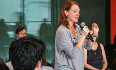 Sarah Wilbur speaking to a crowd